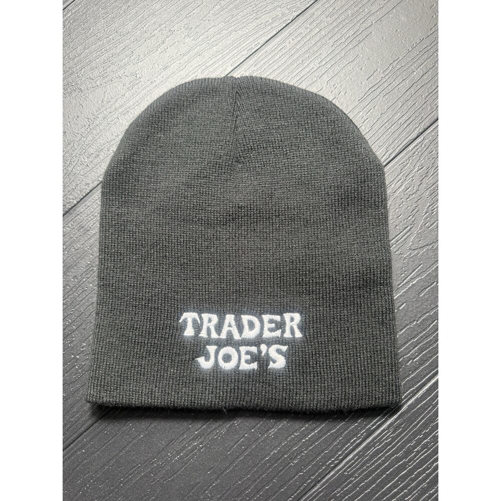 Trader Joe's Crew Beanie Black with White Embroidery Lettering One Size